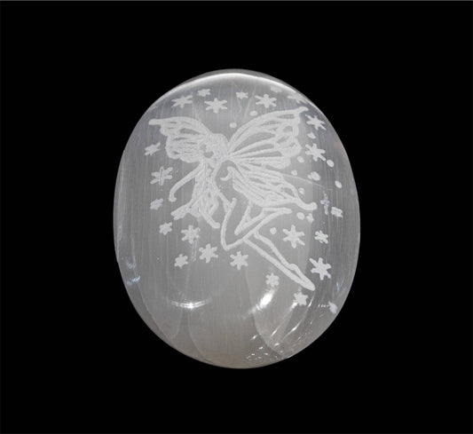Selenite Palm Stone Engraved Fairy