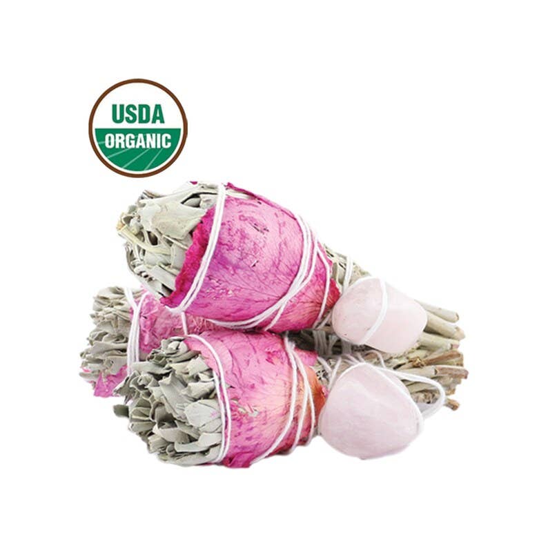 Torch - White Sage w/ Rose Petals + Rose Quartz (4")